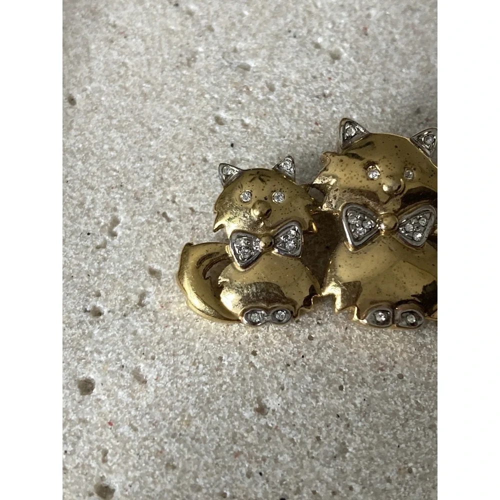 Gold Tone Cat Brooch Pin Rhinestone‎ Bow Mother Kitten Whimsical Novelty